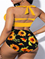 Fashion Yellow Printed Pleated High Waist Plus Size Split Swimsuit