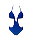 Fashion Blue V-neck Cutout Leak Back One-piece Swimsuit