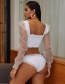Fashion White Long Sleeve Mesh Collar Frilled Lace Trim Swimsuit