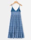 Fashion Blue Flower Print Suspender V-neck Open Back Dress