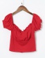 Fashion Red Lace Square Collar Stretch-knit Single-breasted Puff Sleeve Shirt