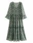 Fashion Green Flower Print Layered Ruffled V-neck Dress
