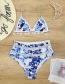 Fashion Blue High-waist Printed Panel Cutout Fringe Split Swimsuit
