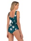 Fashion Green Ruffled Printed High Waist Conservative Split Swimsuit