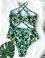 Fashion Green Leaves + Parrot Printed Ruffled One-piece Swimsuit