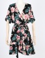 Fashion Black Flower Print Wrap Lace Up V-neck Dress