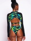 Fashion Green Zip Print Split Swimsuit