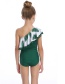 Fashion Green Printed One-shoulder Ruffle Stitching Fur Ball One-piece Swimsuit For Children