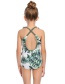Fashion Green Leaf On White V-neck One-piece Swimsuit With Flash Print And Stitching