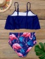 Fashion Dark Blue Ruffled Pleated High-waist Printed Split Swimsuit
