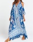 Fashion Blue Chiffon Printed Loose Plus Size Strapless Fringed Sunscreen