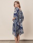 Fashion Navy Chiffon V-neck Flower Print Loose Blouse Skirt