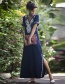 Fashion Navy Cotton Short-sleeved Embroidered Tunic Smock Dress