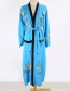 Fashion Blue Embroidered Pocket Stitching Contrast Cardigan