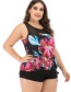 Fashion Pink Flower Print Sleeveless Plus Size Split Swimsuit