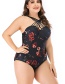 Fashion Black Flower Print Halter Cutout Plus Size One-piece Swimsuit