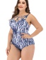 Fashion Blue Printed Cutout Plus Size One-piece Swimsuit