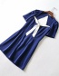 Fashion Navy Colorblock Square Collar Backless Lace Dress