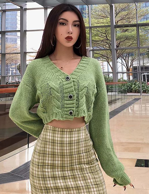 Fashion Grey-green Short Twist Single-breasted Sweater Cardigan