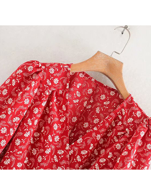 Fashion Red Flower Print Wrap V-neck Dress