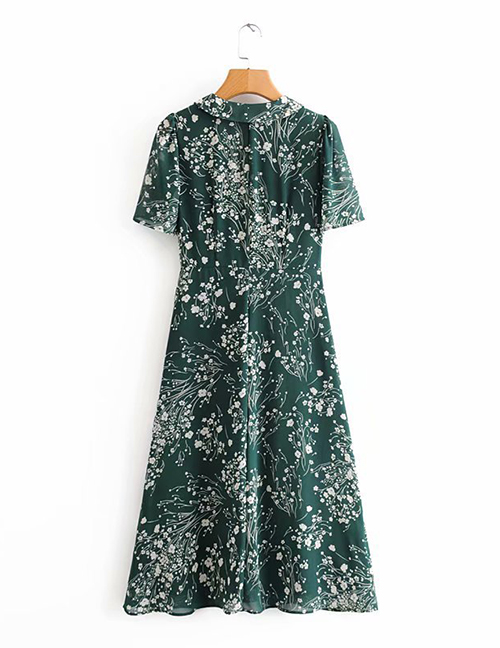 Fashion Green Floral Print Front-breasted Split Dress