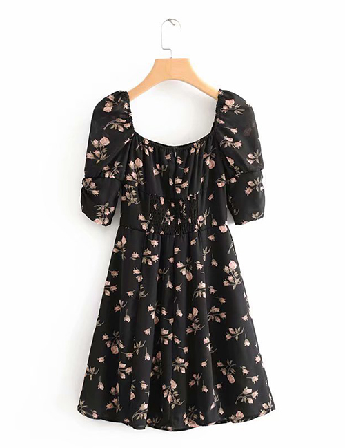 Fashion Black Flower Print Short Sleeve Dress