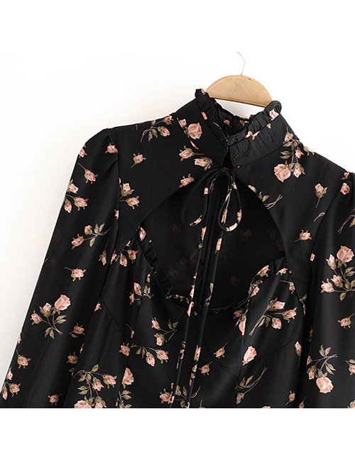 Fashion Black Floral Low-cut Cutout Lace-up Shirt