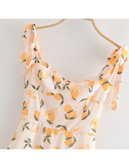 Fashion Beige Lemon Print Fungus Lace Up Dress