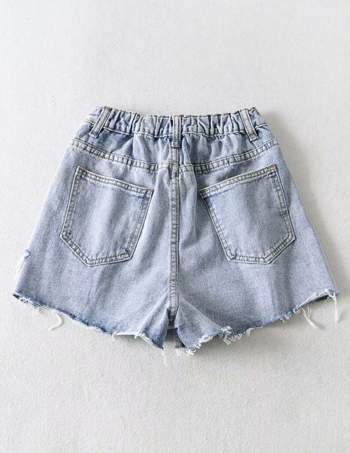 Fashion Blue Washed Ripped Double-button Frayed Denim Shorts