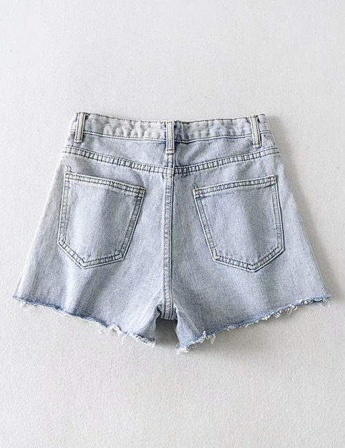 Fashion Blue Washed Pocket Irregular Fray Denim Shorts