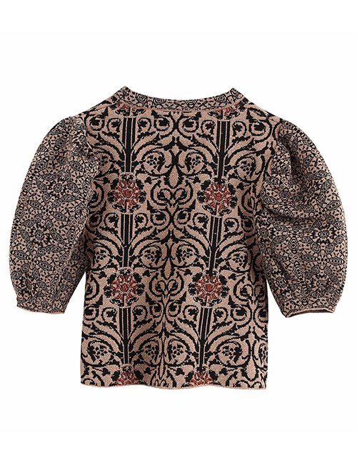 Fashion Khaki Puff Sleeves Jacquard Pullover Sweater Sweater