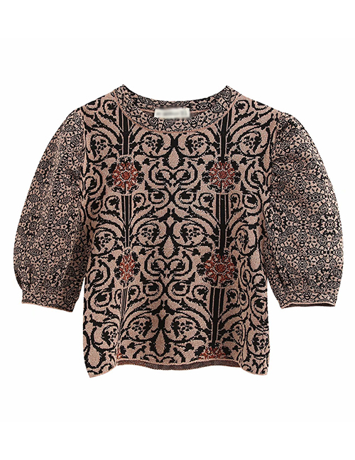 Fashion Khaki Puff Sleeves Jacquard Pullover Sweater Sweater