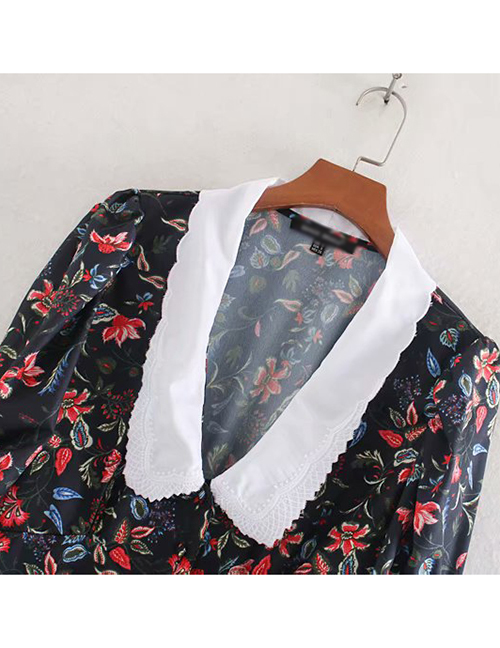 Fashion Black Embroidered Neckline Print Dress
