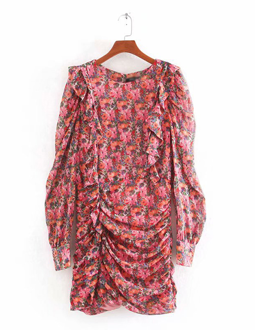 Fashion Pink Pleated Floral Print Dress