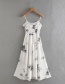 Fashion White Floral Print Strap Pleated Lace Dress