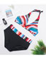 Fashion Color Color Stripe Printed Strap Contrast High Waist Split Swimsuit