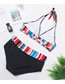 Fashion Color Color Stripe Printed Strap Contrast High Waist Split Swimsuit