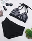 Fashion Black Striped Printed V-neck Pleated High Waist Plus Size Split Swimsuit