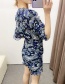 Fashion Navy Ruched Flower-print V-neck Dress