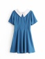 Fashion Blue Pleated Contrast Collar Pleated Dress