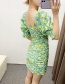 Fashion Green Floral Pattern Square Neck Pleated Dress