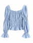 Fashion Blue Crinkled Square Collar Lamb Sleeve Pullover Shirt