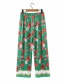 Fashion Green Flower Print Straight Trousers
