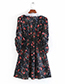 Fashion Black Print Floral Print Dress With Embroidered Neckline