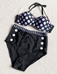 Fashion Black Polka-dot Printed Paneled Striped Tether Buckle High Waist Split Swimsuit