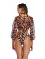 Fashion Leopard Print Leopard Print Long Sleeve Blouse Split Swimwear Three Piece Set