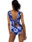 Fashion Coffee Color Pleated Printed V-neck Patchwork Swimsuit