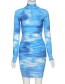 Fashion Blue Round Neck Long Sleeve Pleated Print Dress