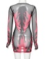 Fashion Red Round Neck Long Sleeve Perspective Mesh Print With Belt Dress