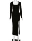 Fashion Black Square Collar Long Sleeve Split Slim Dress